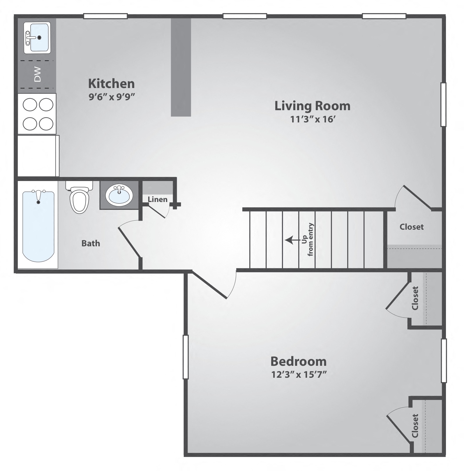 Floor plan for 1 bed, 1 bath, 565 sqft